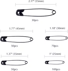 5 Sizes Black Safety Pins Assorted 25-55Mm