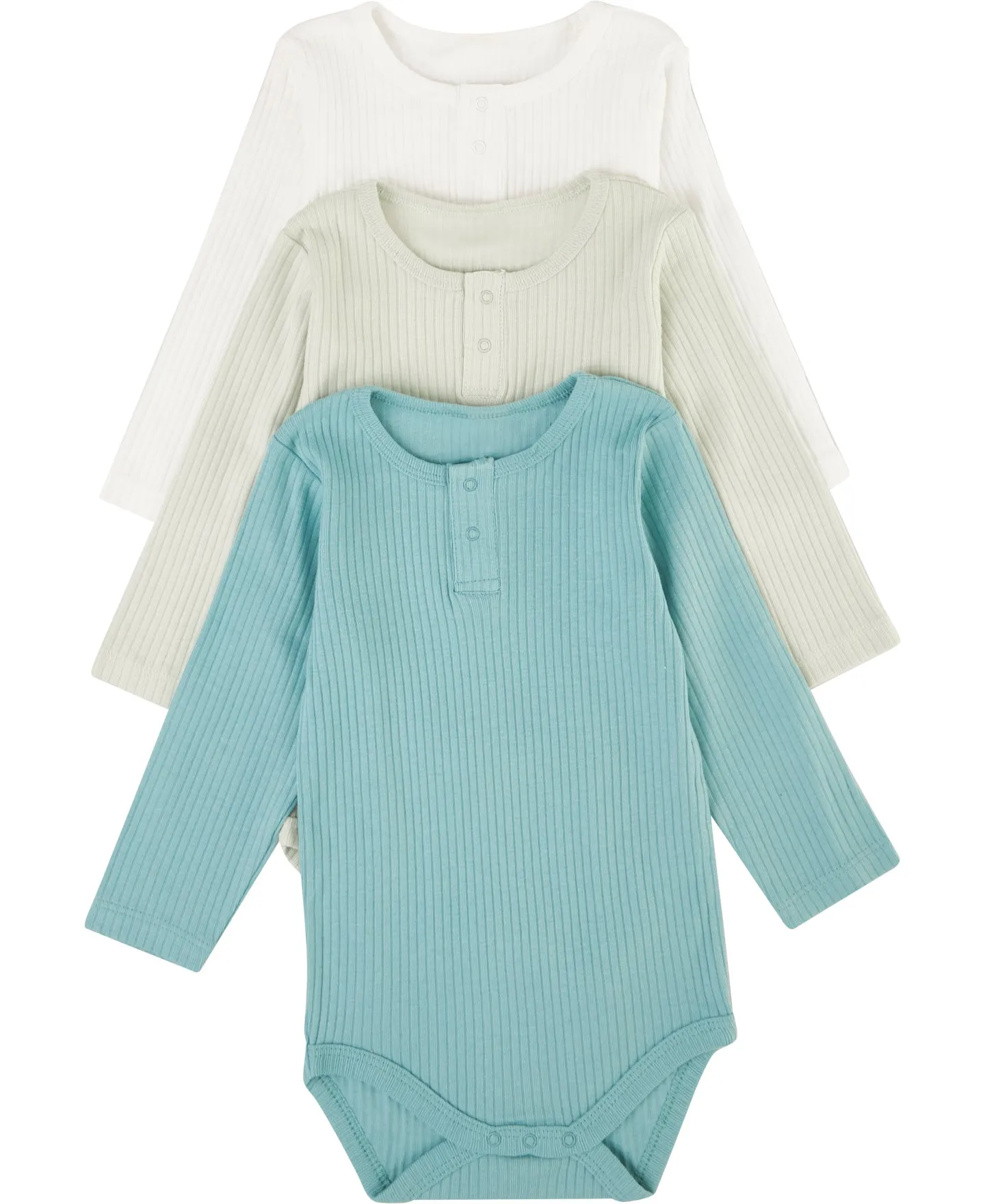 Babies' 3 Pack Organic Cotton Ribbed Bodysuits in White/sky Gray/aqua Sea | Postie