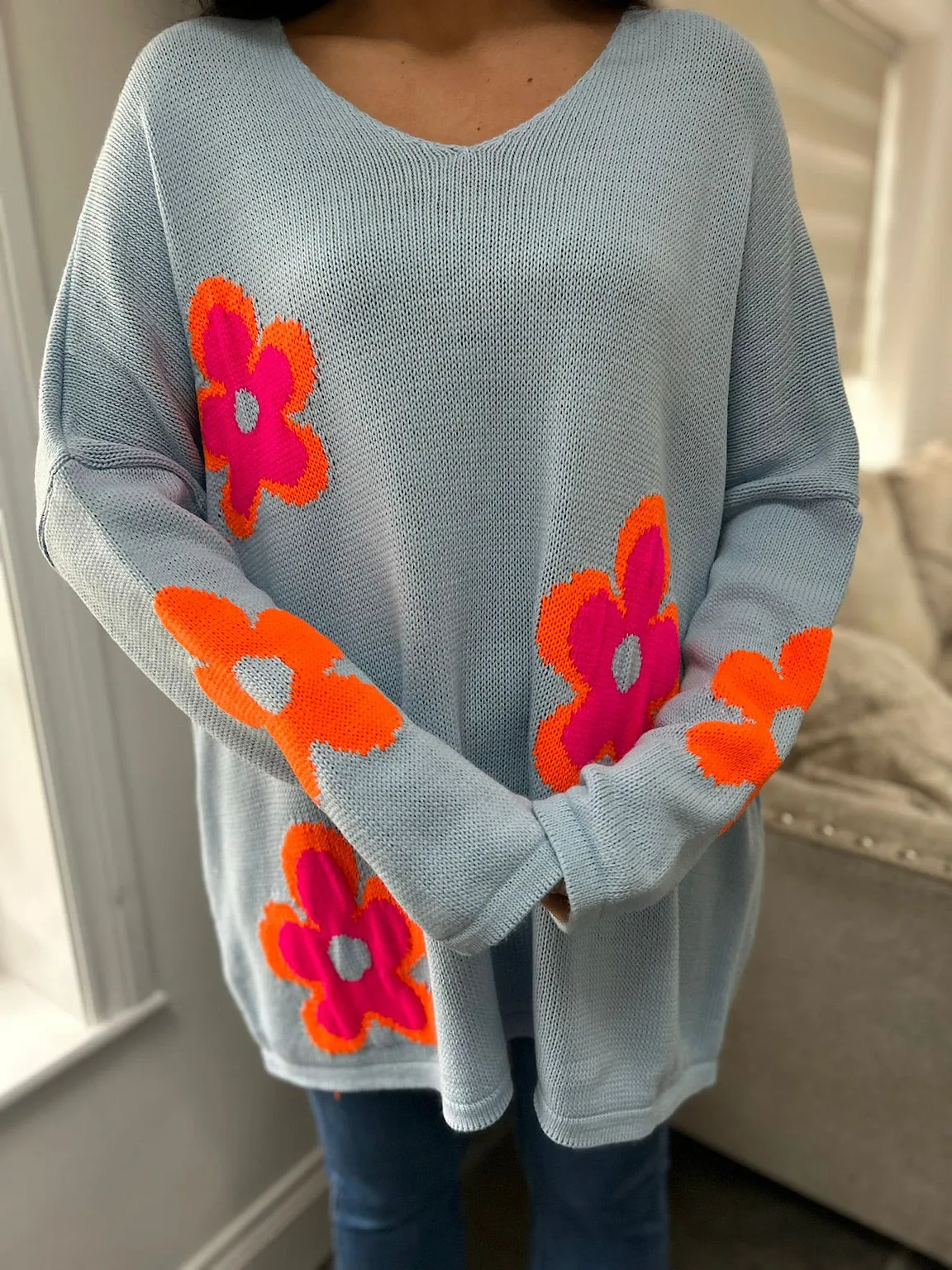 Blue Vibrant Flower Knit Zoe