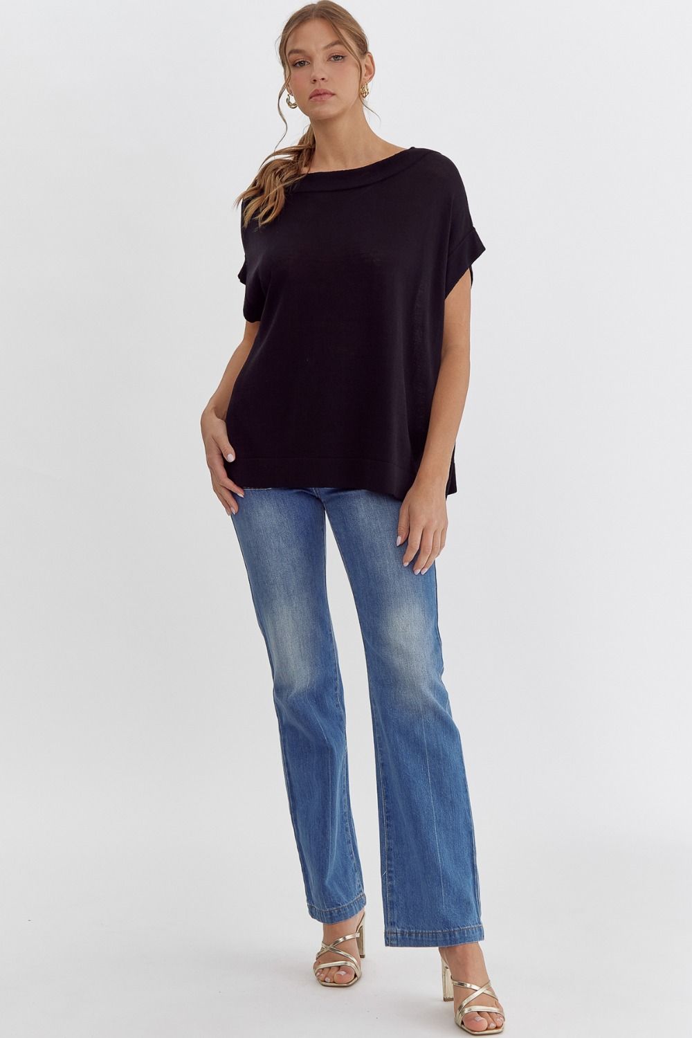 Boat Neck Short Sleeve Top - Black