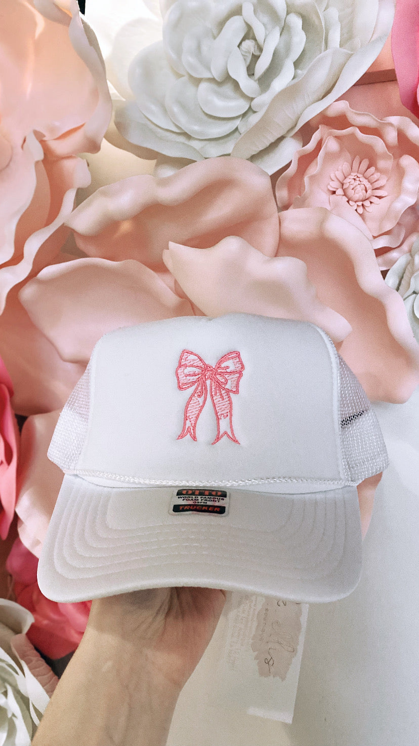 Bow Embroidery Trucker Hat- White