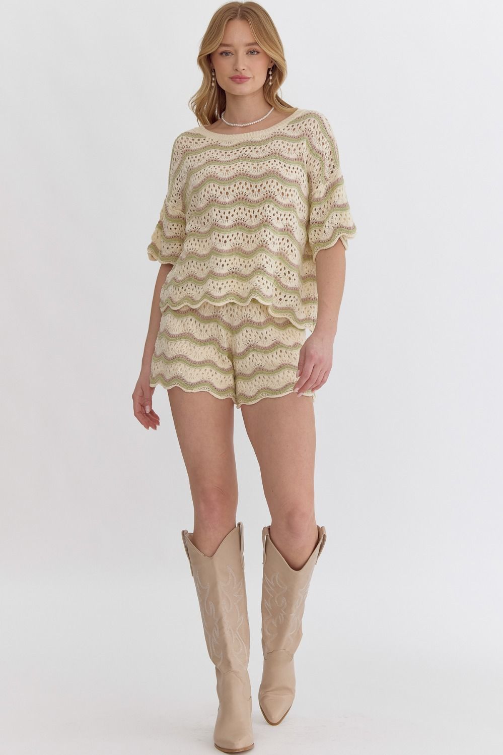 Crochet Knit Scalloped Hem Set - Cream