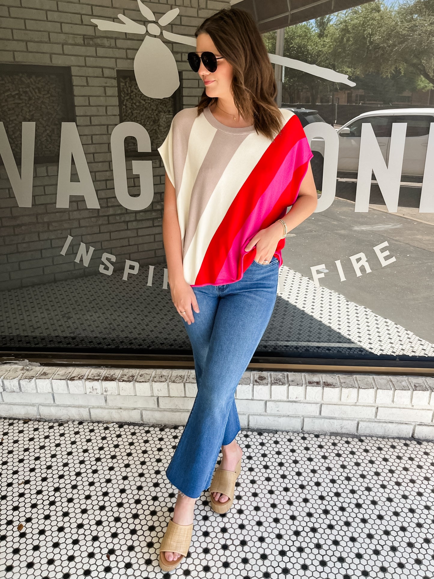 Diagonal Stripe Print Top - Latte Red