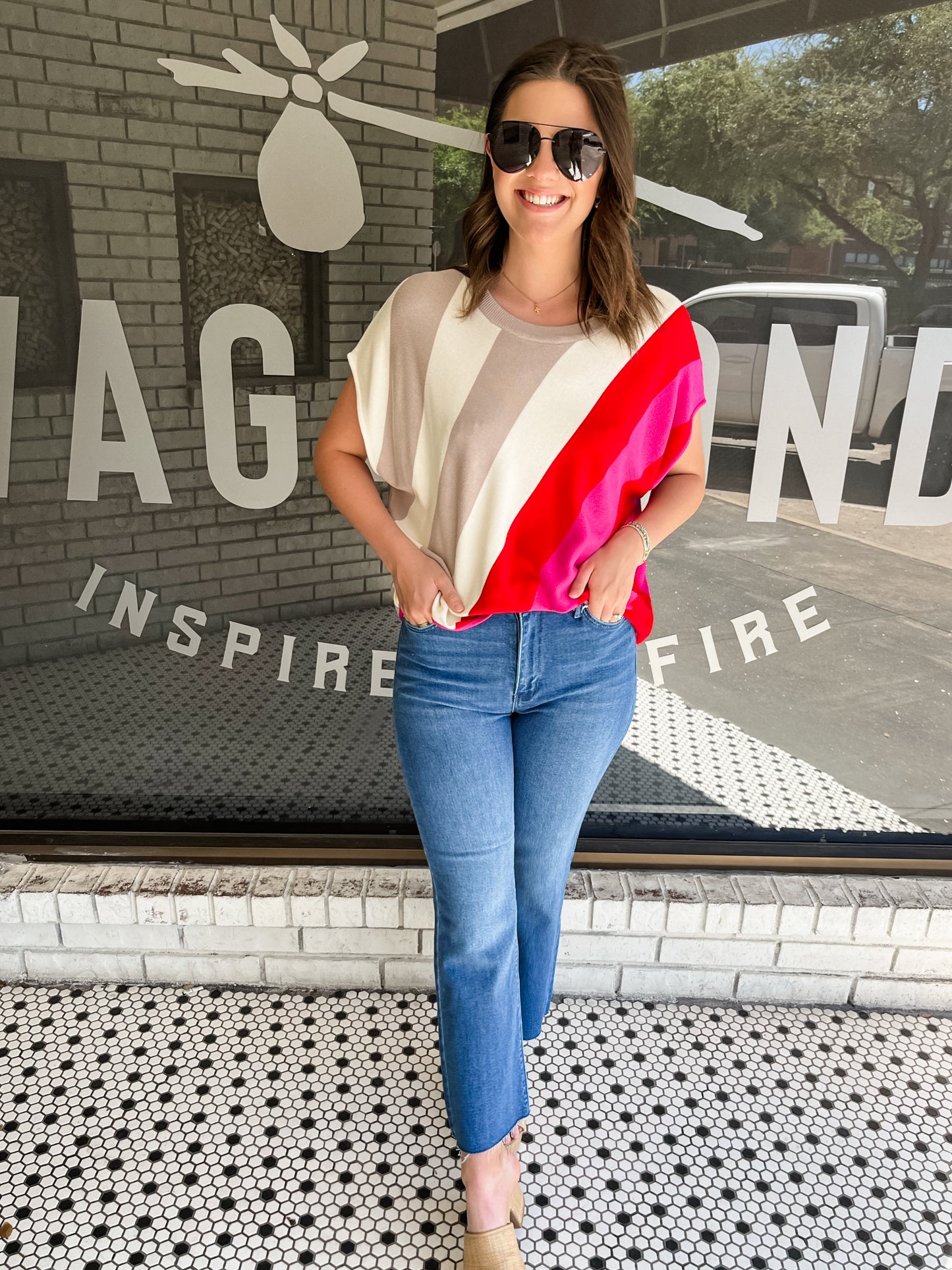 Diagonal Stripe Print Top - Latte Red