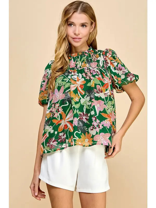 Floral Print Puff Sleeve Top - Green