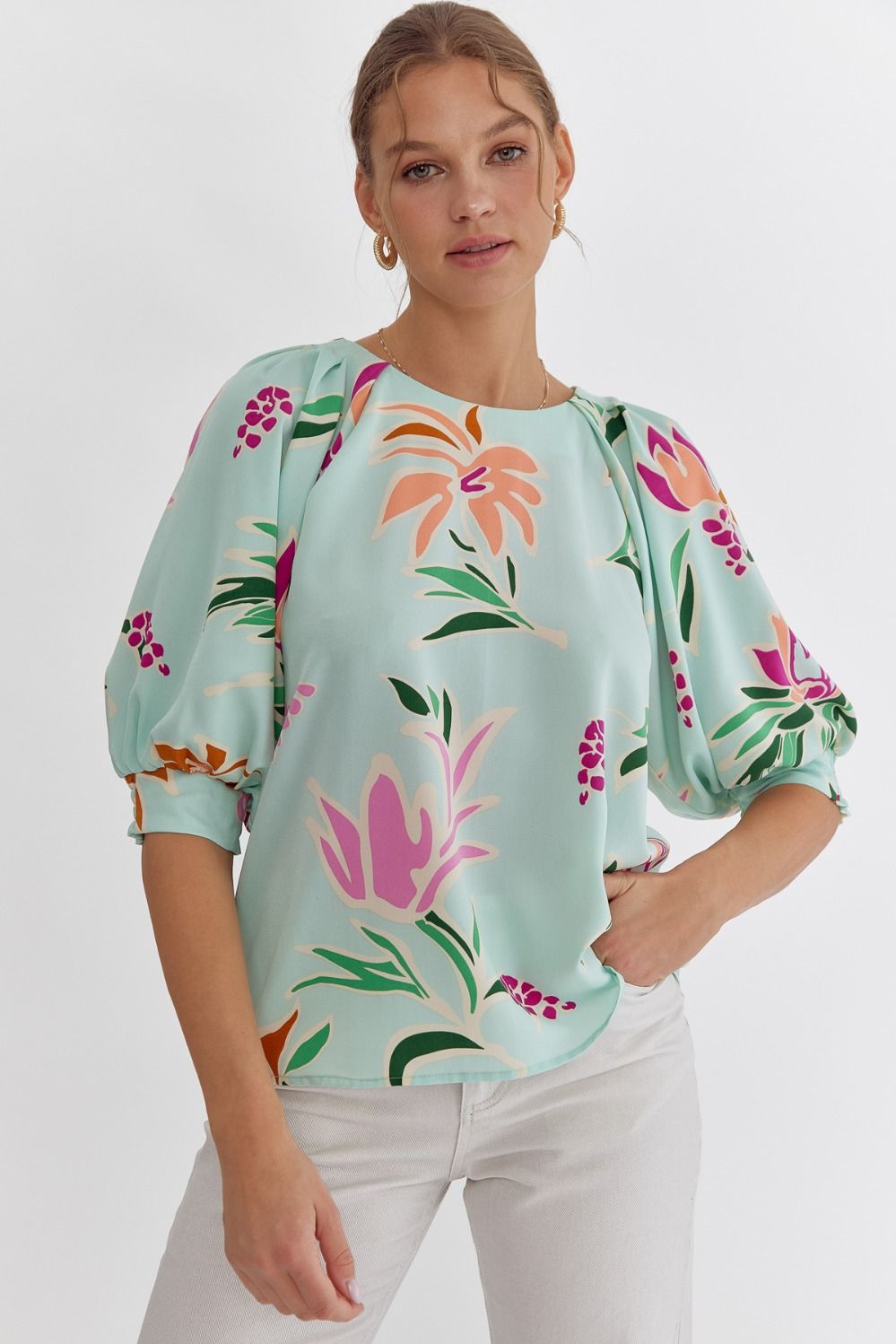 Floral Print Round Neck Blouse- Mint