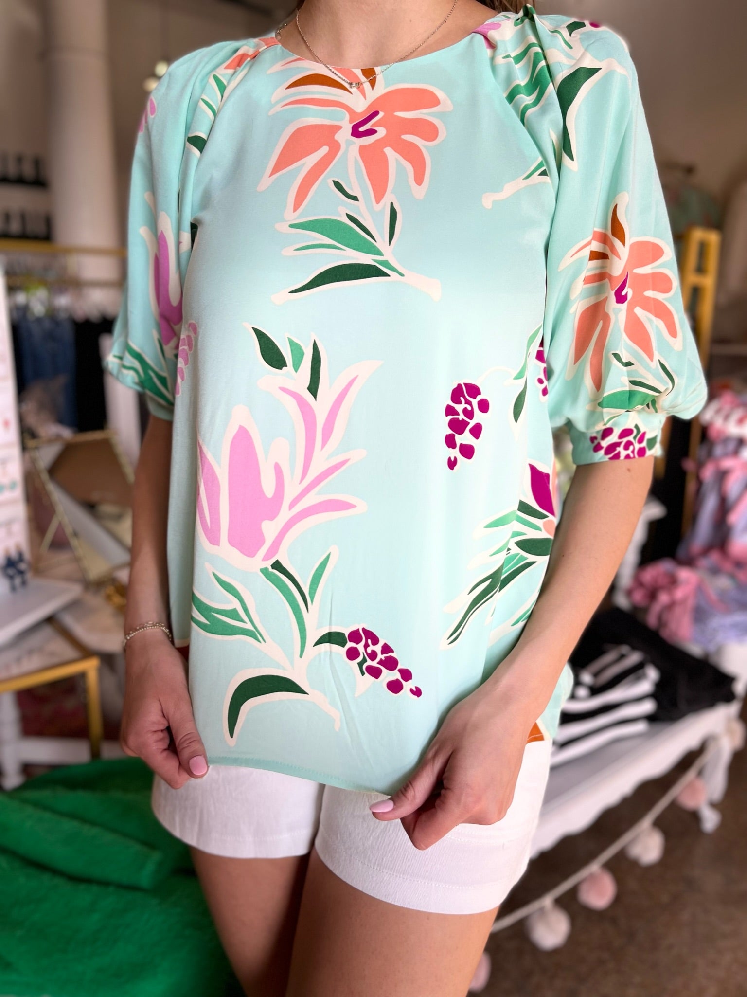 Floral Print Round Neck Blouse- Mint