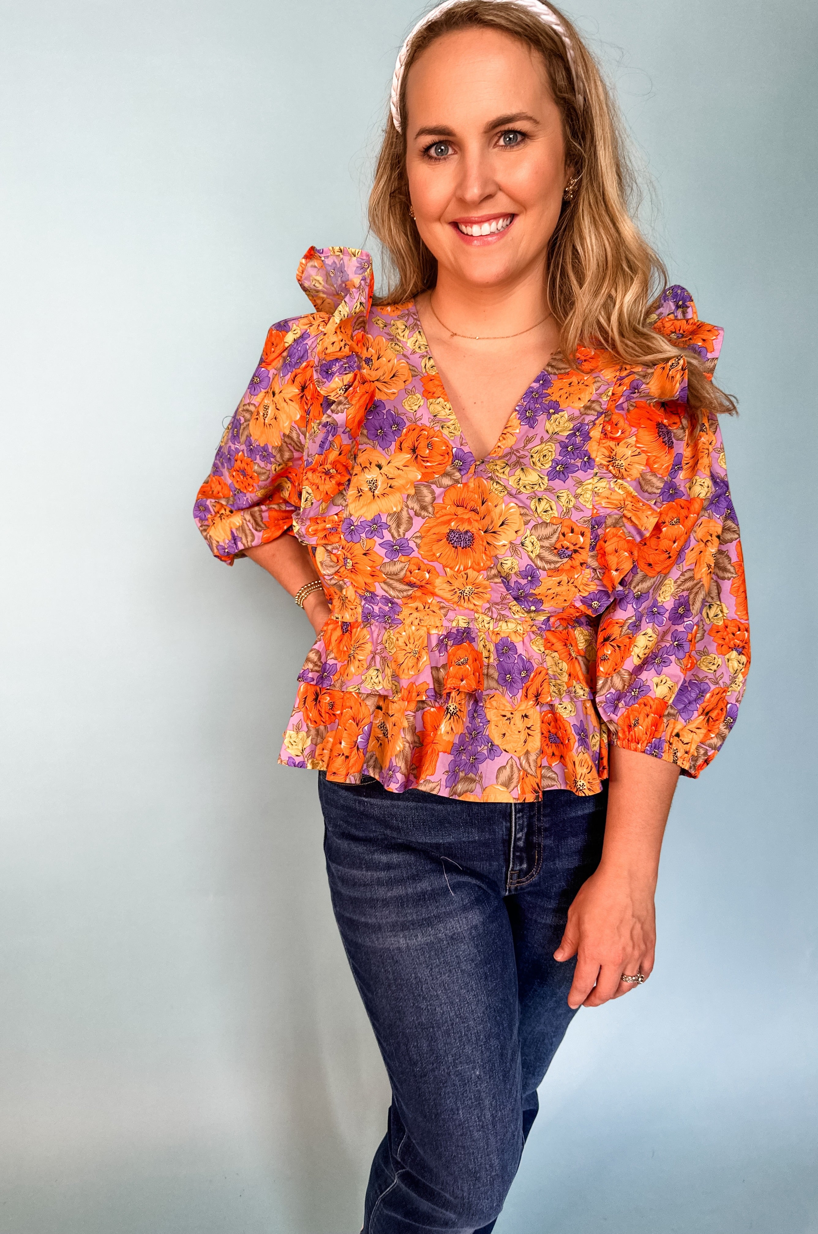 Floral V-Neck Ruffle Detail Blouse - Lavender/Orange