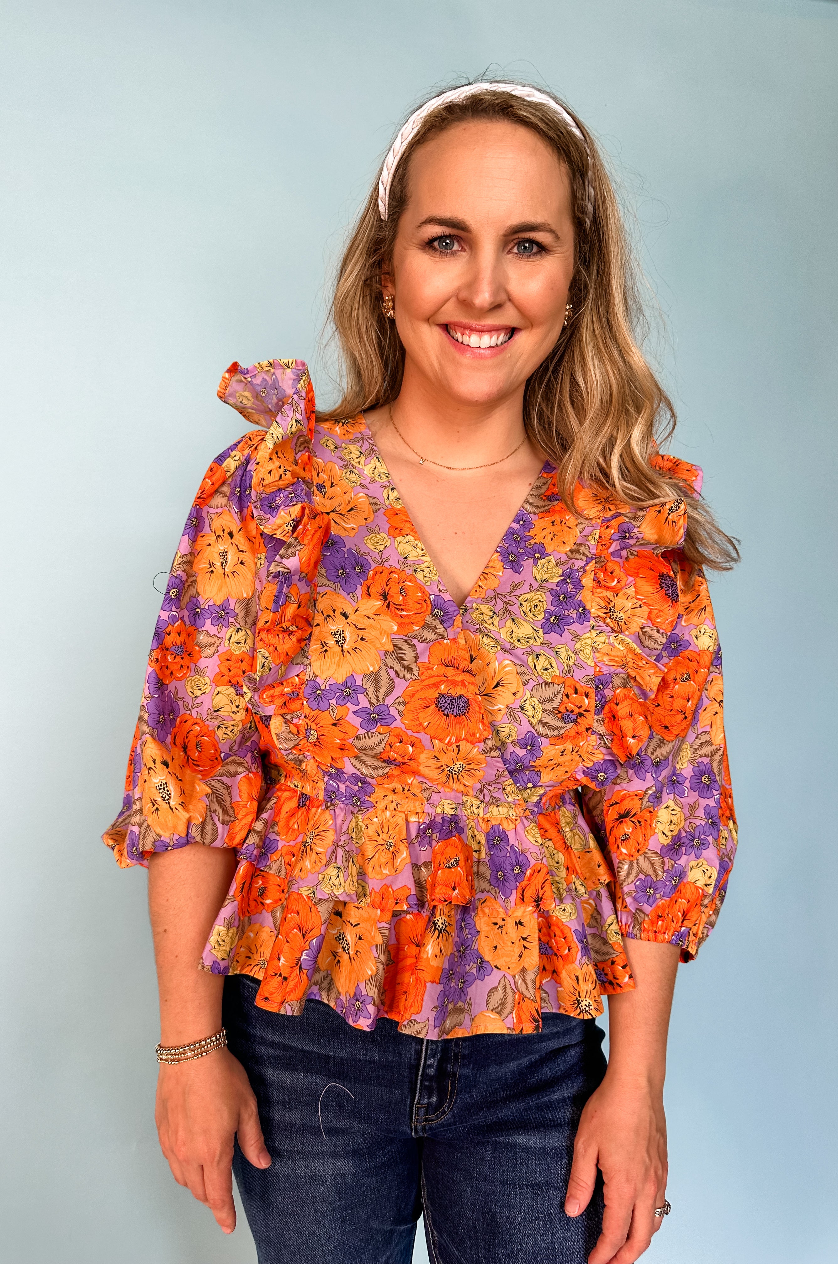 Floral V-Neck Ruffle Detail Blouse - Lavender/Orange