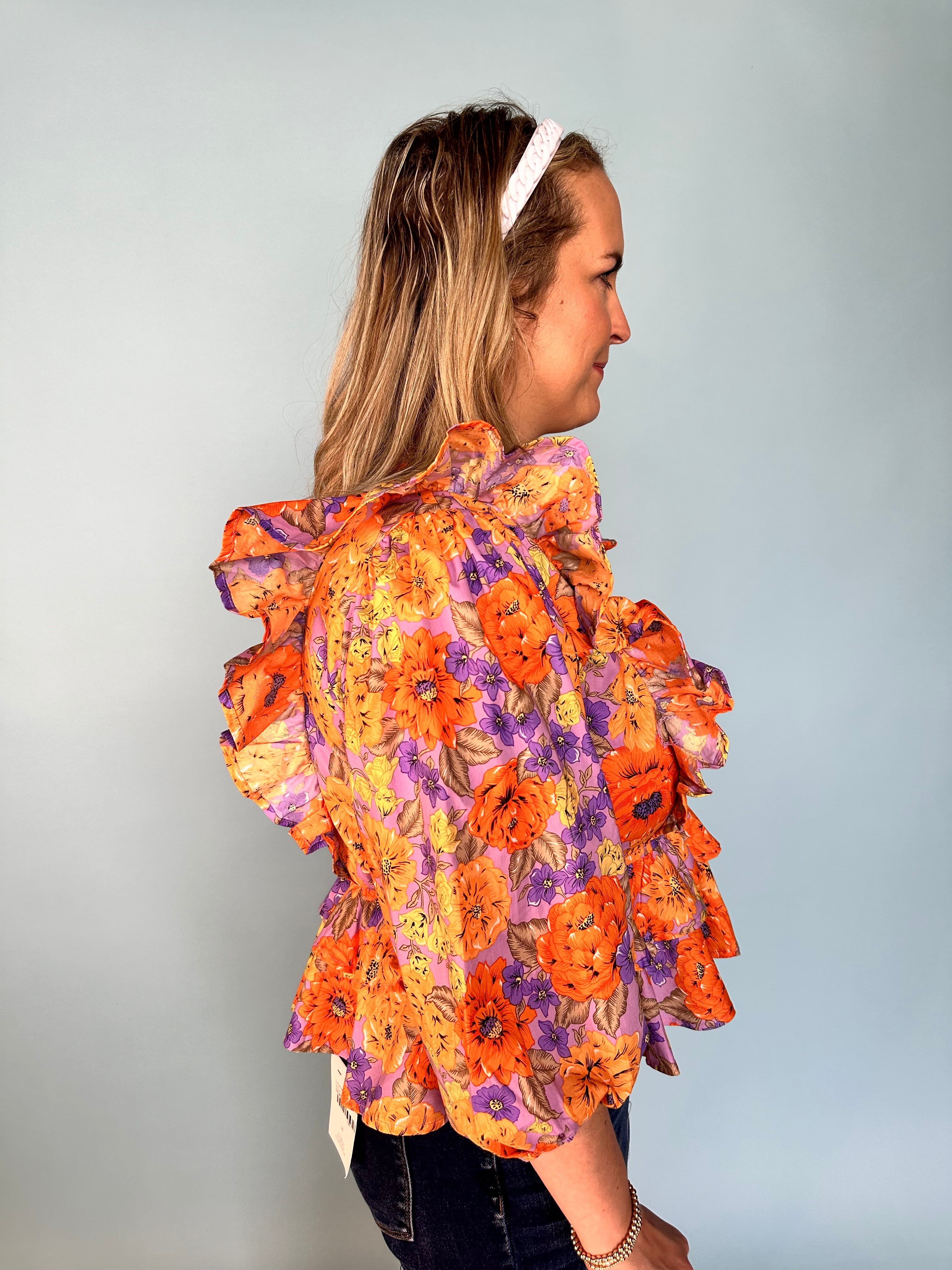 Floral V-Neck Ruffle Detail Blouse - Lavender/Orange