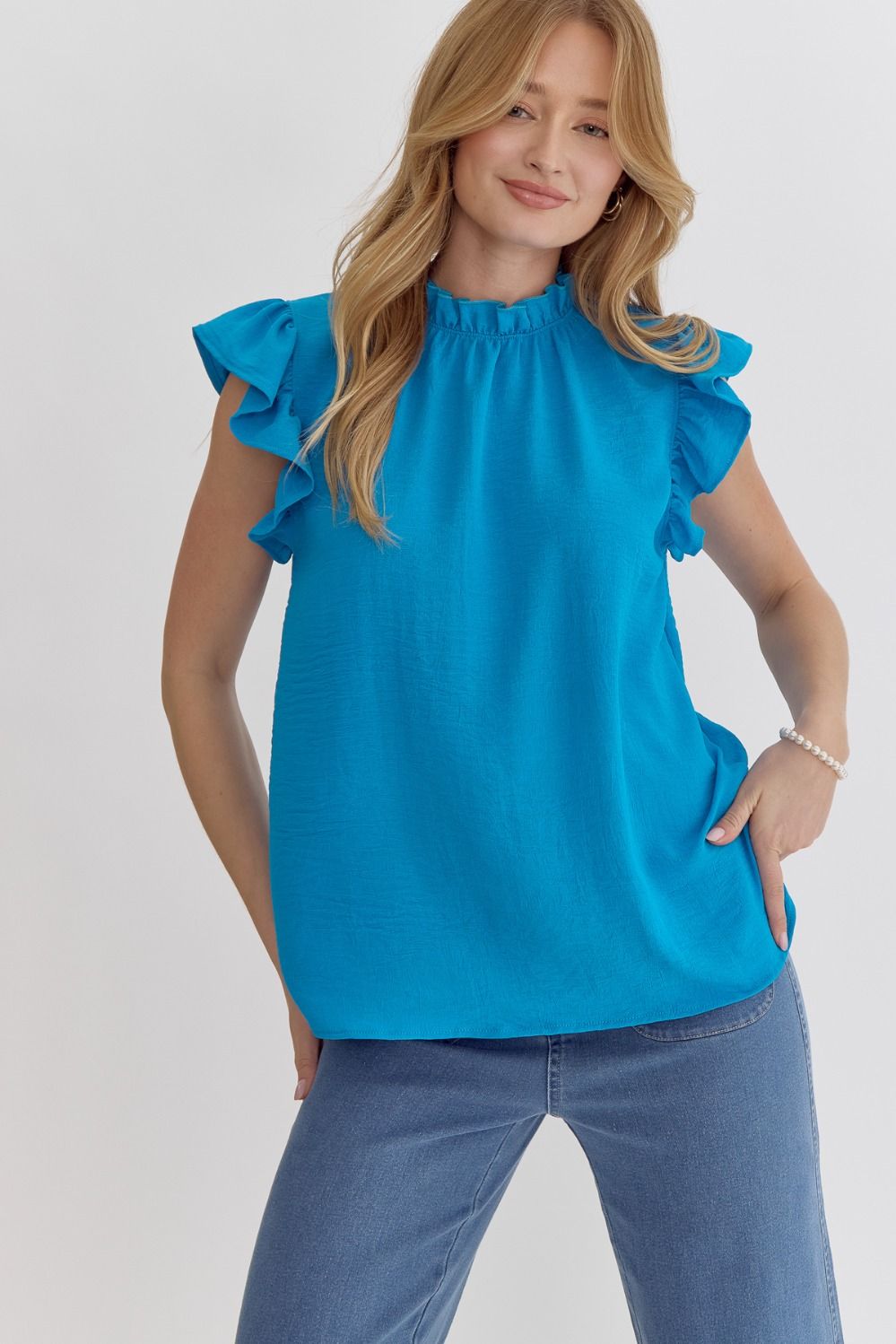 High Neck Ruffle Detail Top - Ocean Blue