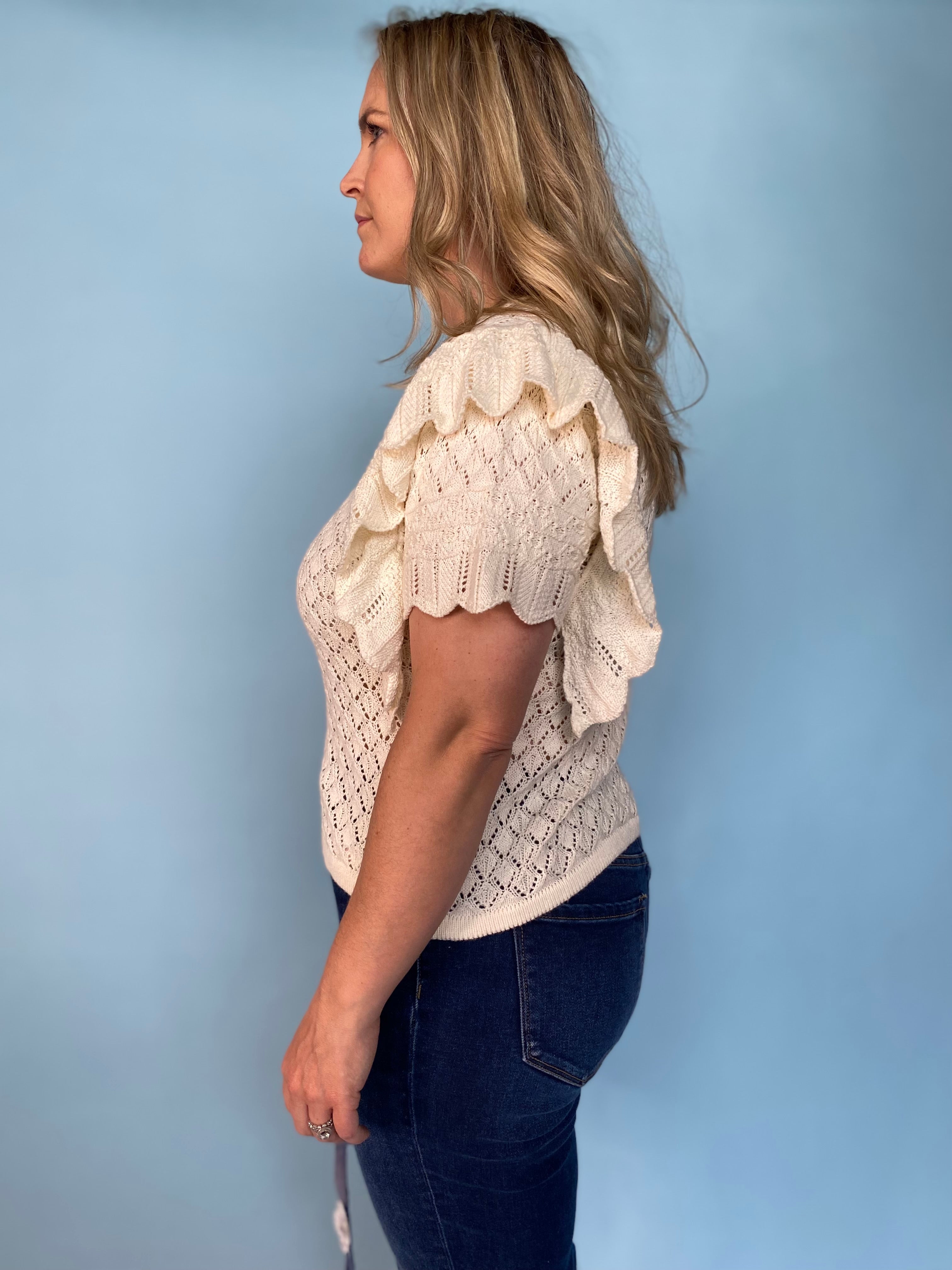 Knit Ruffle Sleeve Top - Off White