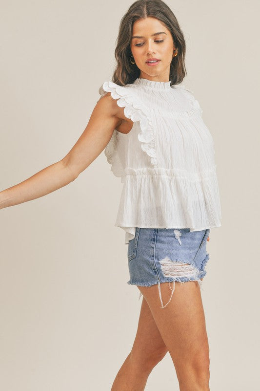 LACE TRIM FLUTTER SLEEVE TOP - WHITE