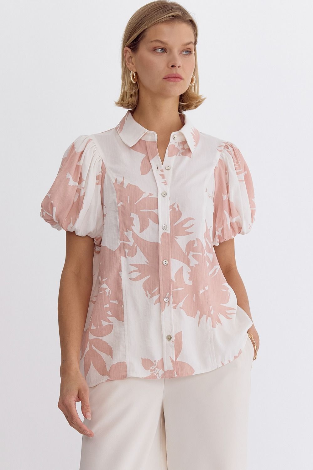 Leaf Print Button Down Top - Blush