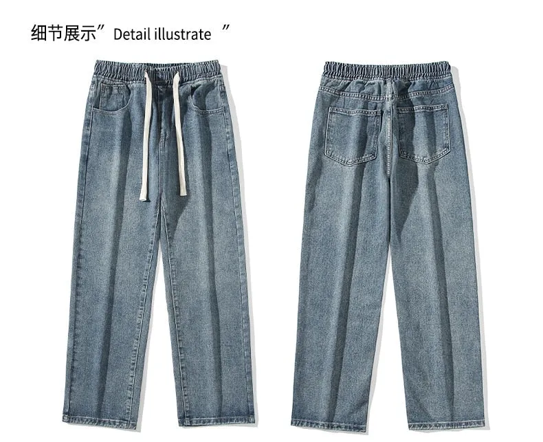 Men's American Casual Solid Pattern Loose Fit Denim Straight Pants