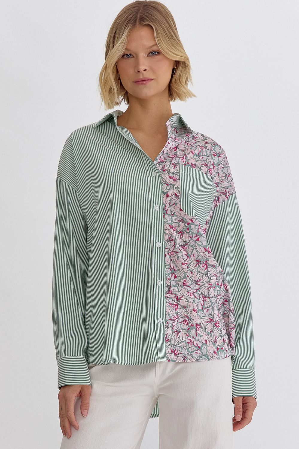 Mixed Print Button Up Long Sleeve Blouse- Green Combo