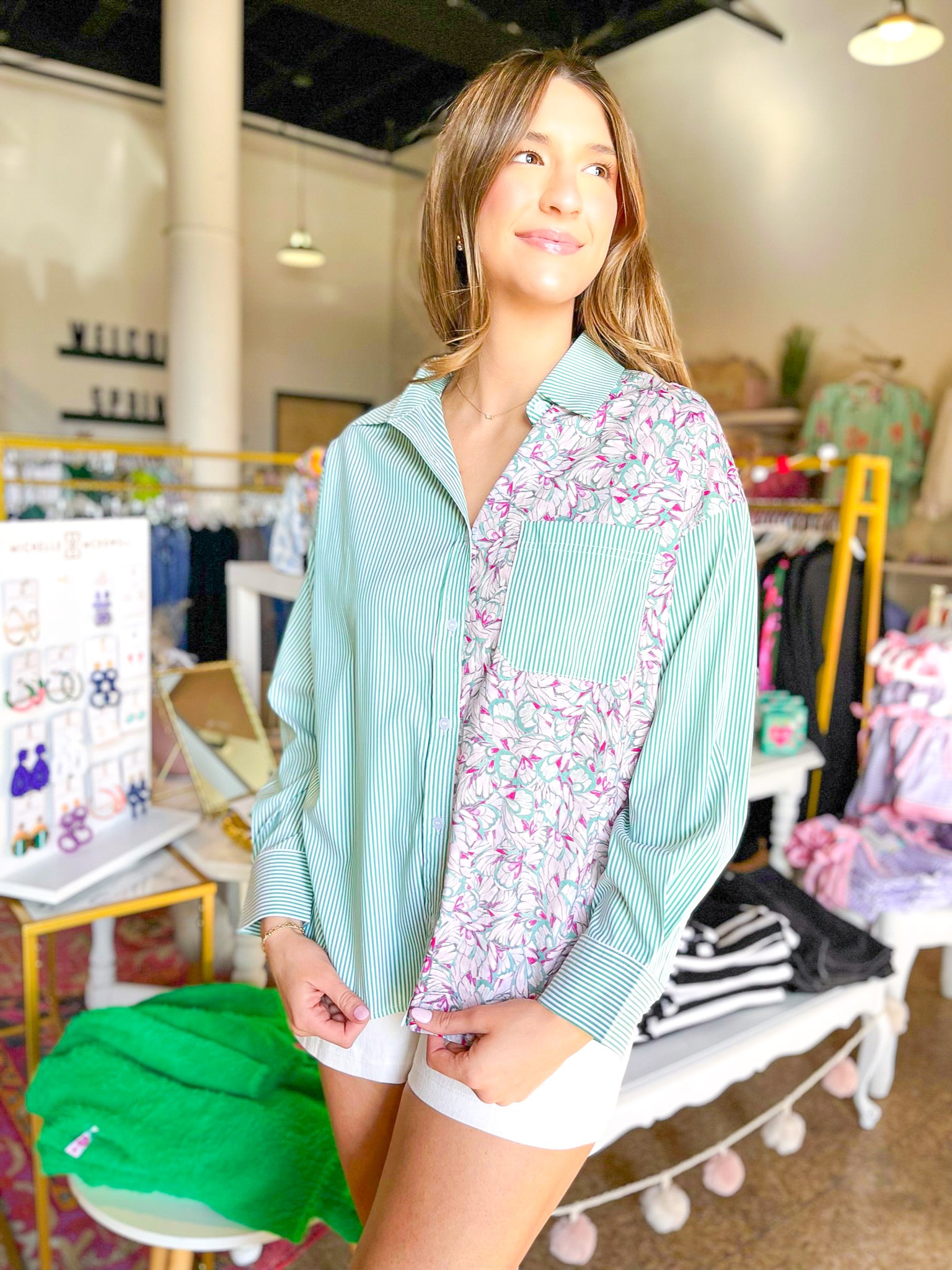 Mixed Print Button Up Long Sleeve Blouse- Green Combo