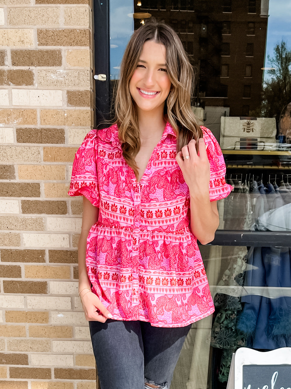 Mixed Print Tiered Button Down Top - Hot Pink