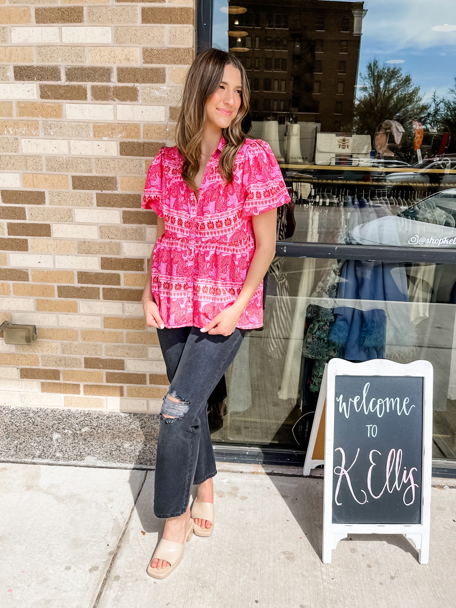 Mixed Print Tiered Button Down Top - Hot Pink