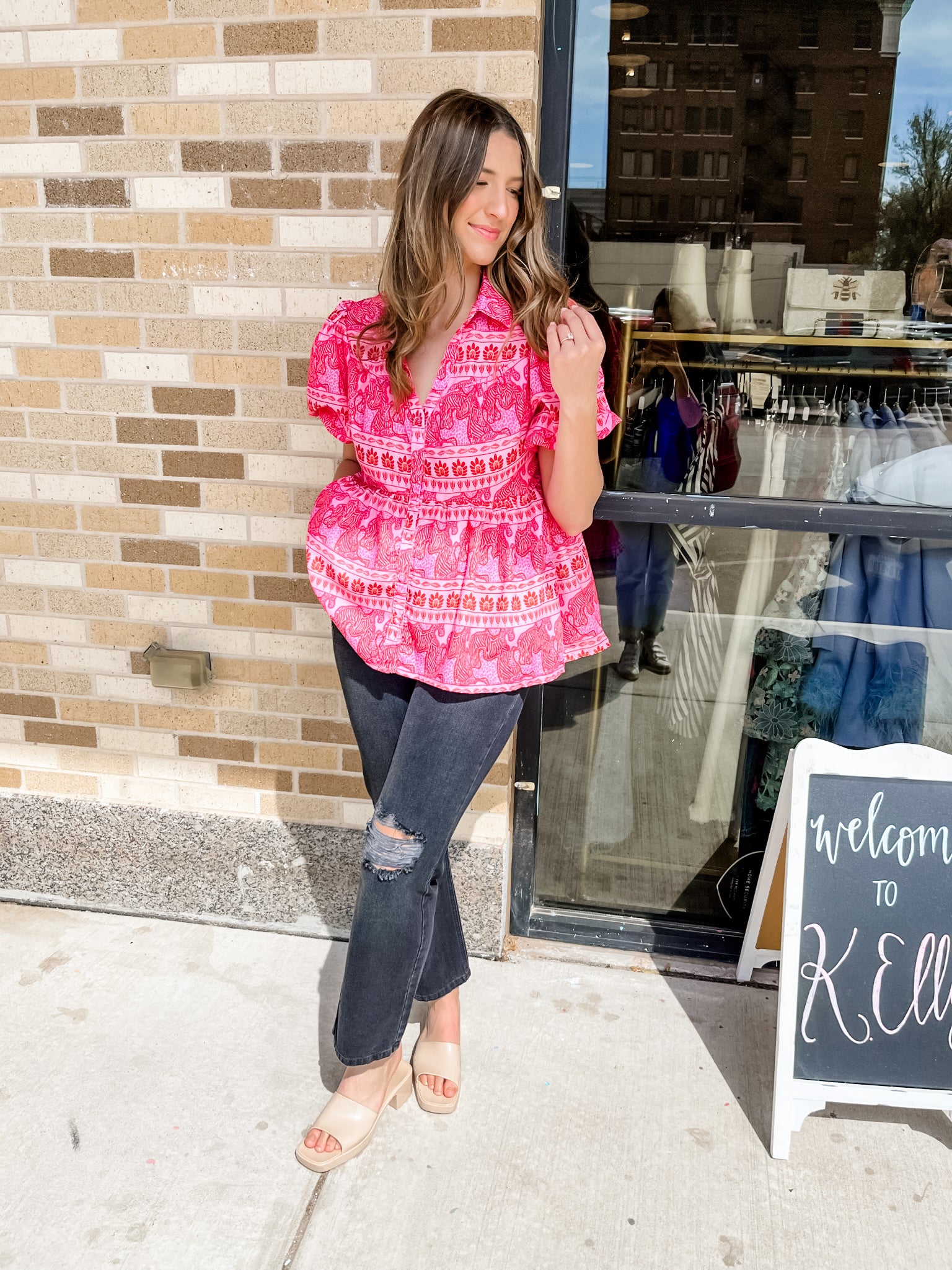 Mixed Print Tiered Button Down Top - Hot Pink