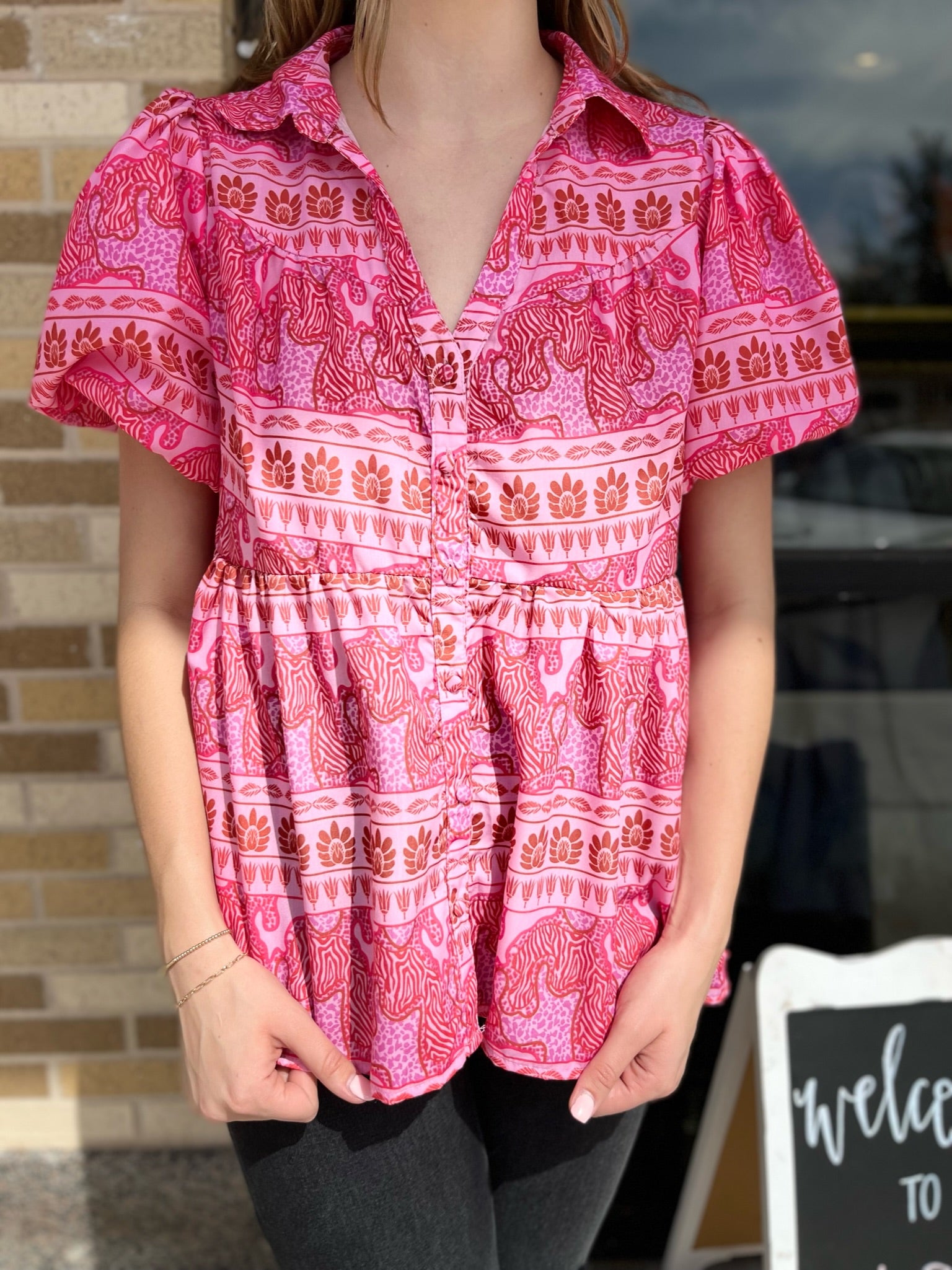 Mixed Print Tiered Button Down Top - Hot Pink