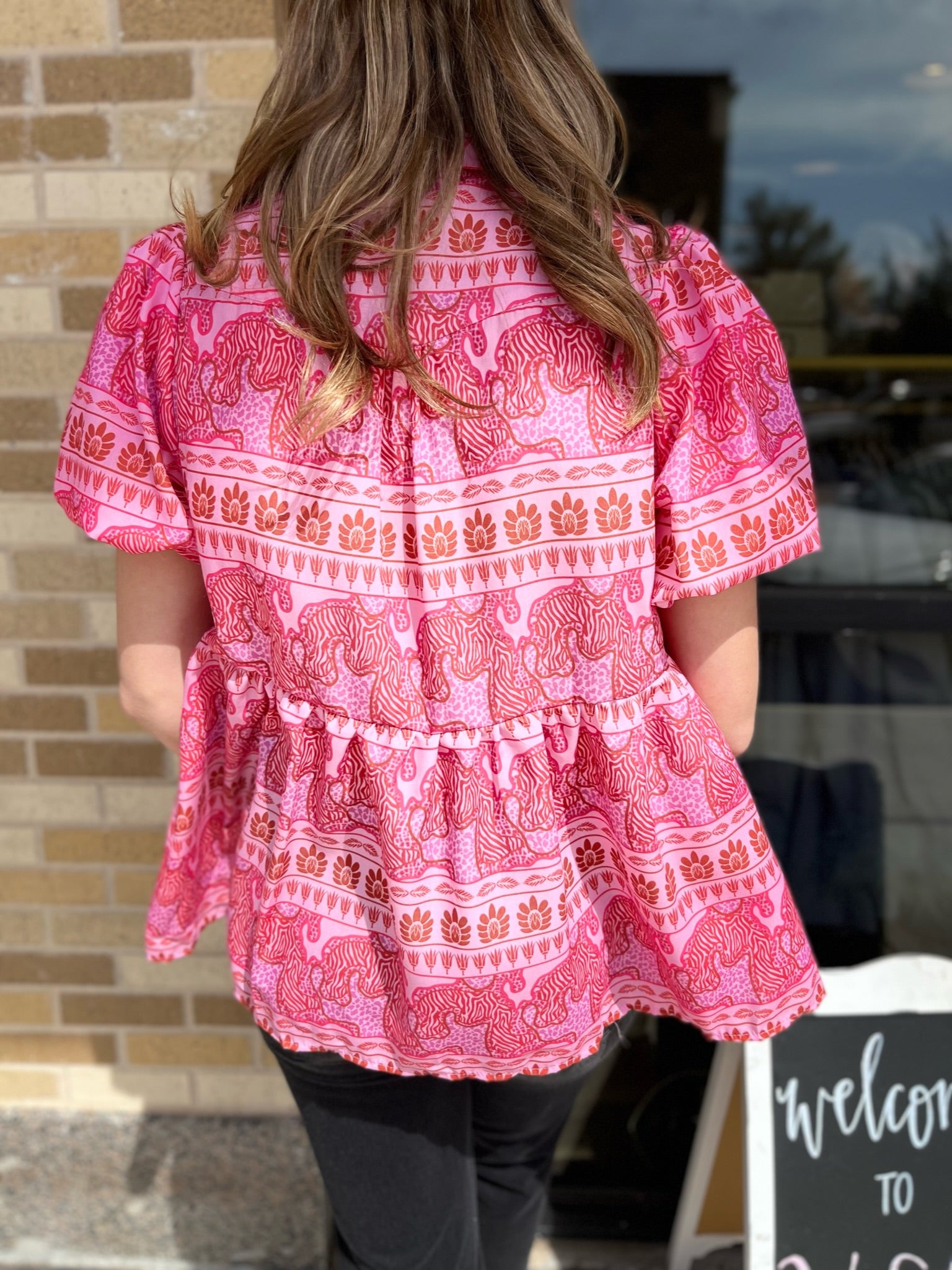 Mixed Print Tiered Button Down Top - Hot Pink