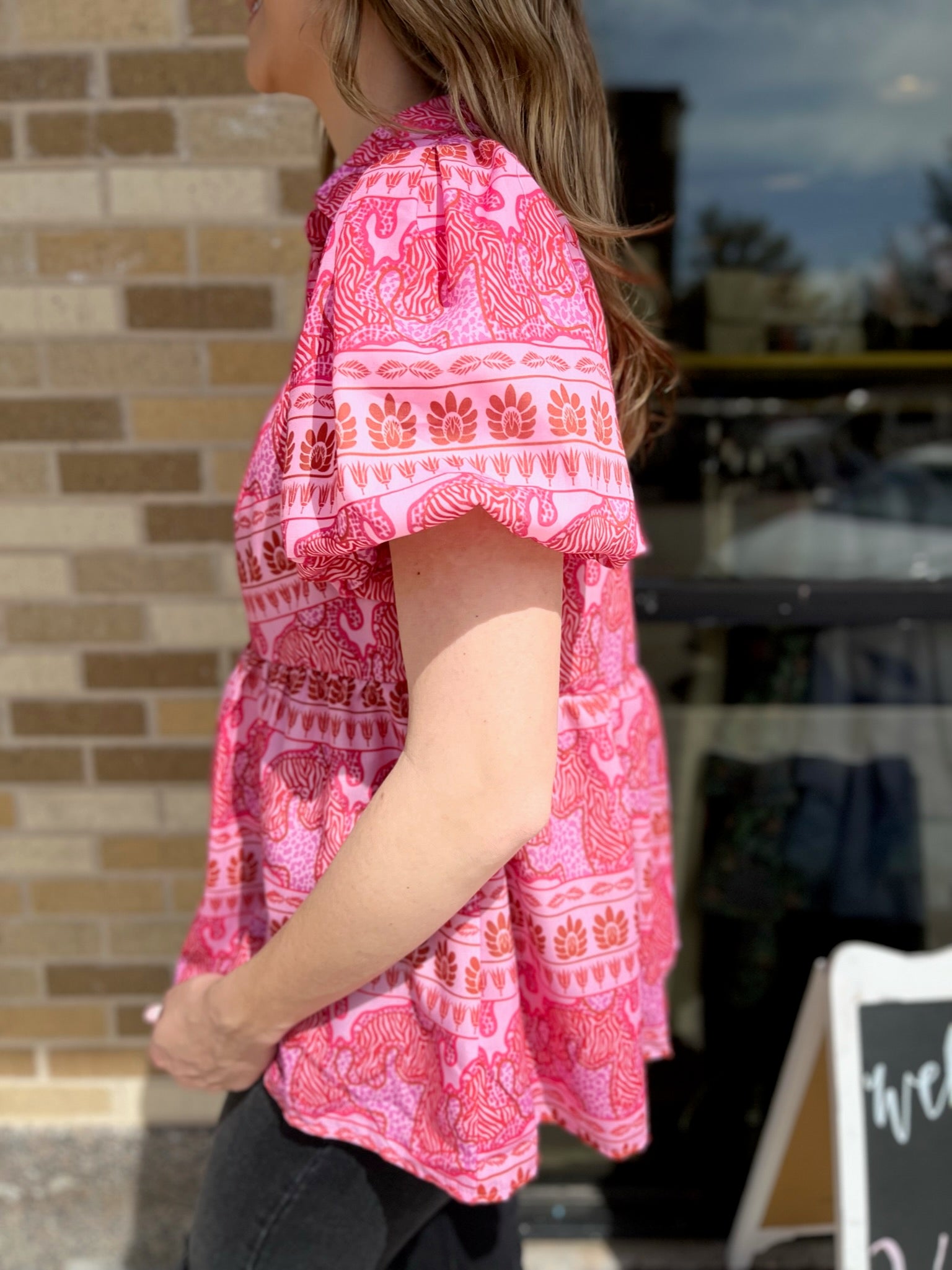 Mixed Print Tiered Button Down Top - Hot Pink