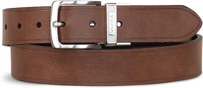 Nautica Men's Engraved Keeper Reversible Leather Casual and Dress Belts with Metal Buckle