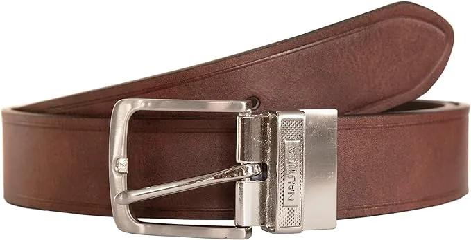 Nautica Men's Engraved Keeper Reversible Leather Casual and Dress Belts with Metal Buckle