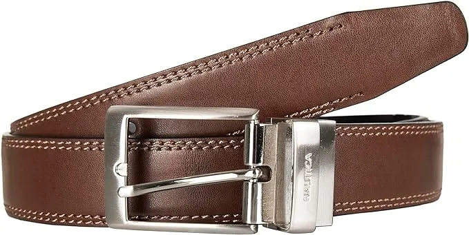 Nautica Men's Reversible Double Stitch Leather and Dress Belts with Metal Buckle