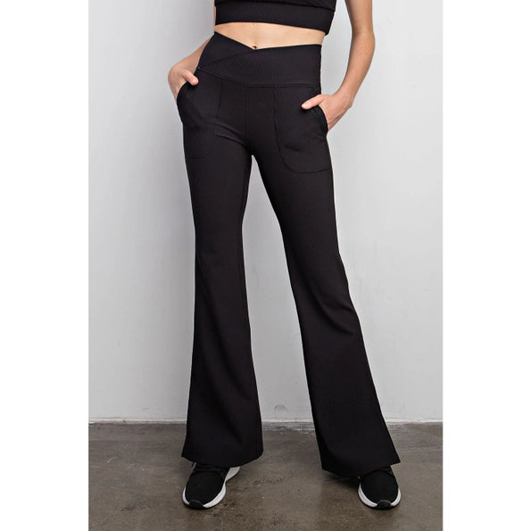 Nylon Rib V Waist Corssover Flared Leggings- Black