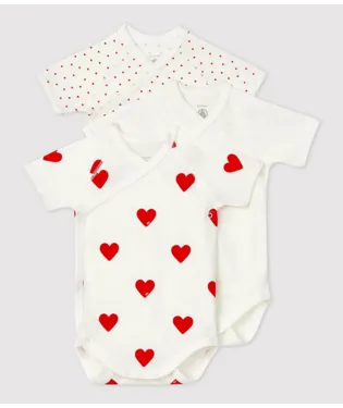 Petite Bateau Baby Girl 3Pk SS Crossover Heart Print Bodysuits