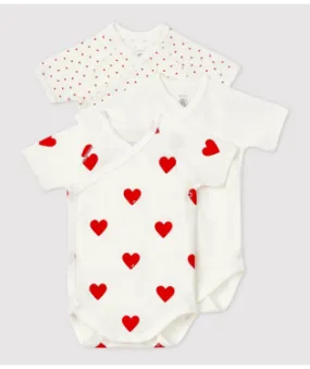 Petite Bateau Baby Girl 3Pk SS Crossover Heart Print Bodysuits