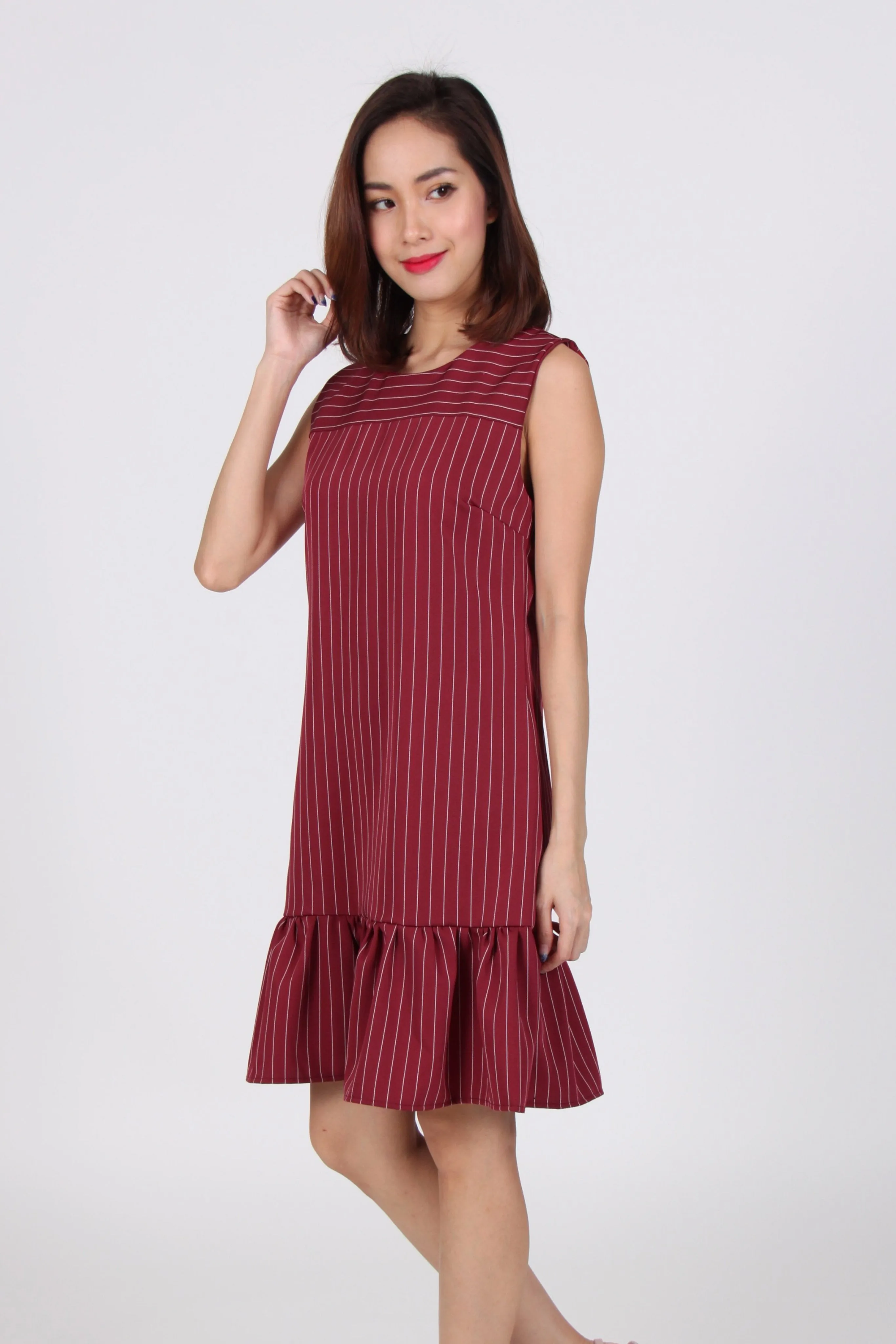 Pinstripes Sleeveless Drop Waist Dress in Maroon