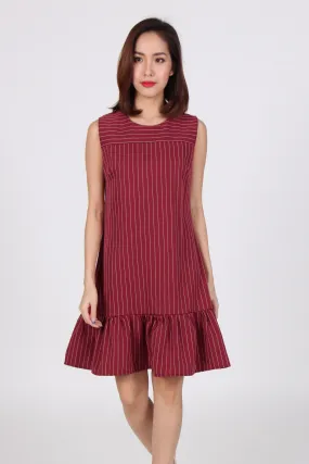 Pinstripes Sleeveless Drop Waist Dress in Maroon