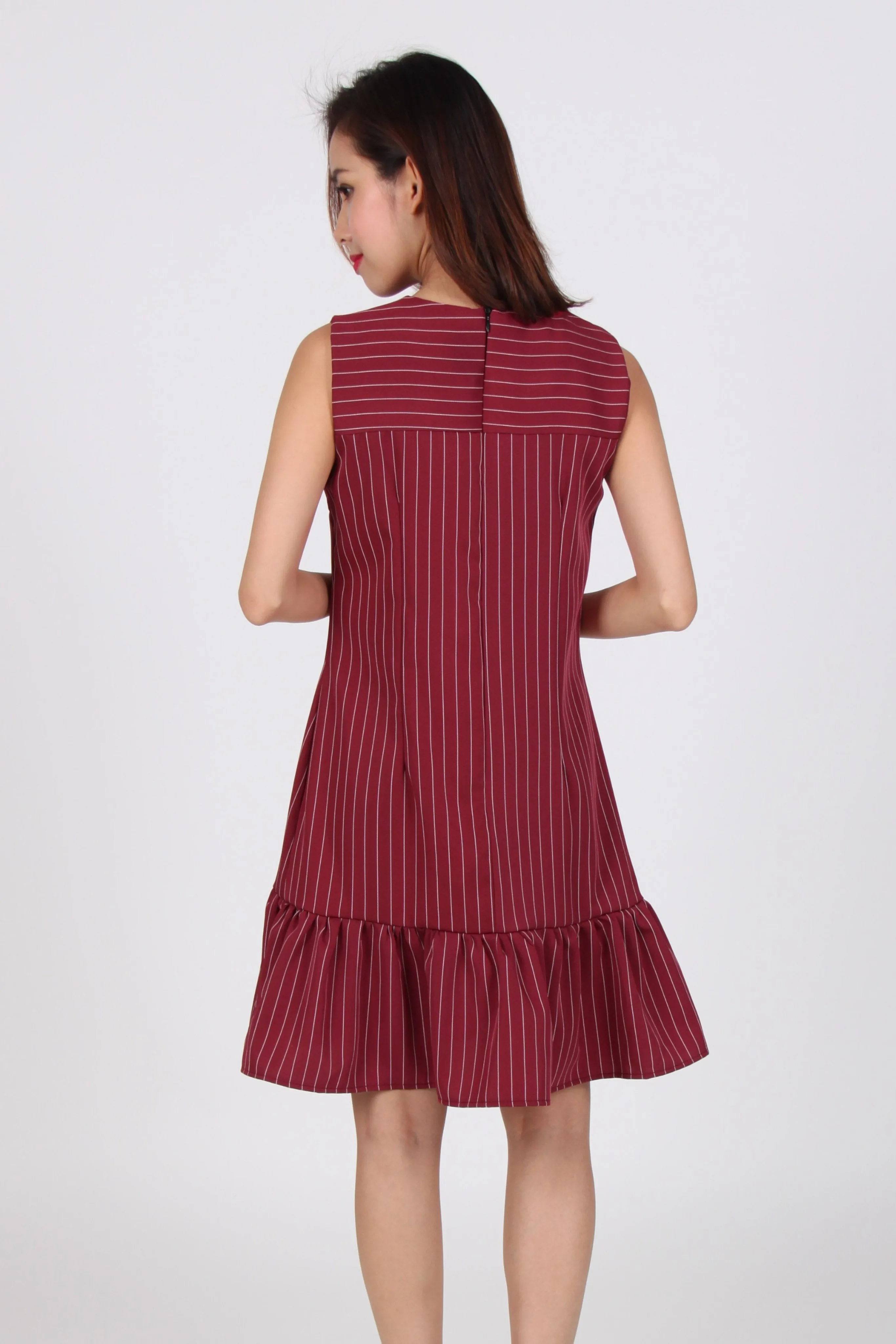 Pinstripes Sleeveless Drop Waist Dress in Maroon