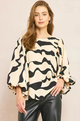 Printed Balloon Sleeve Top - Natural