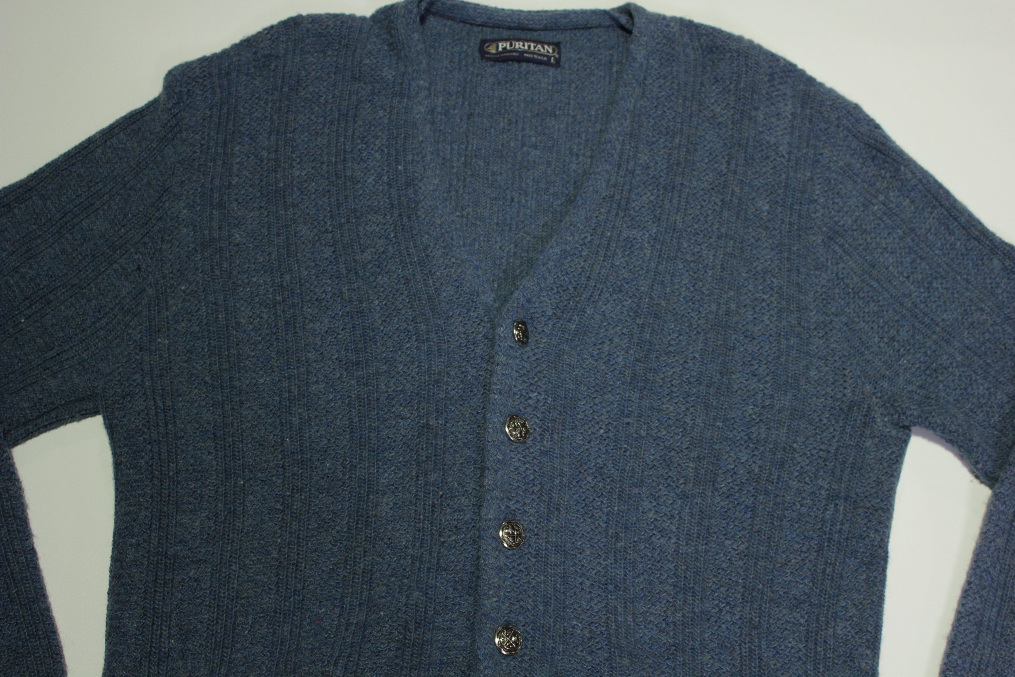 Puritan USA Vintage 1980's Fireplace Winter Wool Blend Suede Pocket Cardigan Sweater