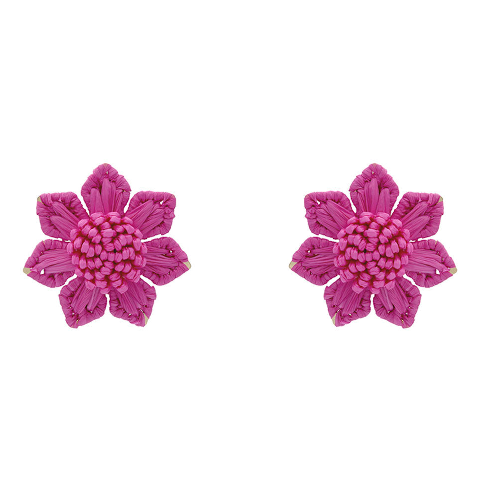 RAFFIA FLOWER STUD EARRING- PINK