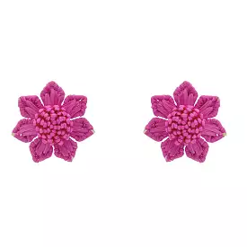 RAFFIA FLOWER STUD EARRING- PINK