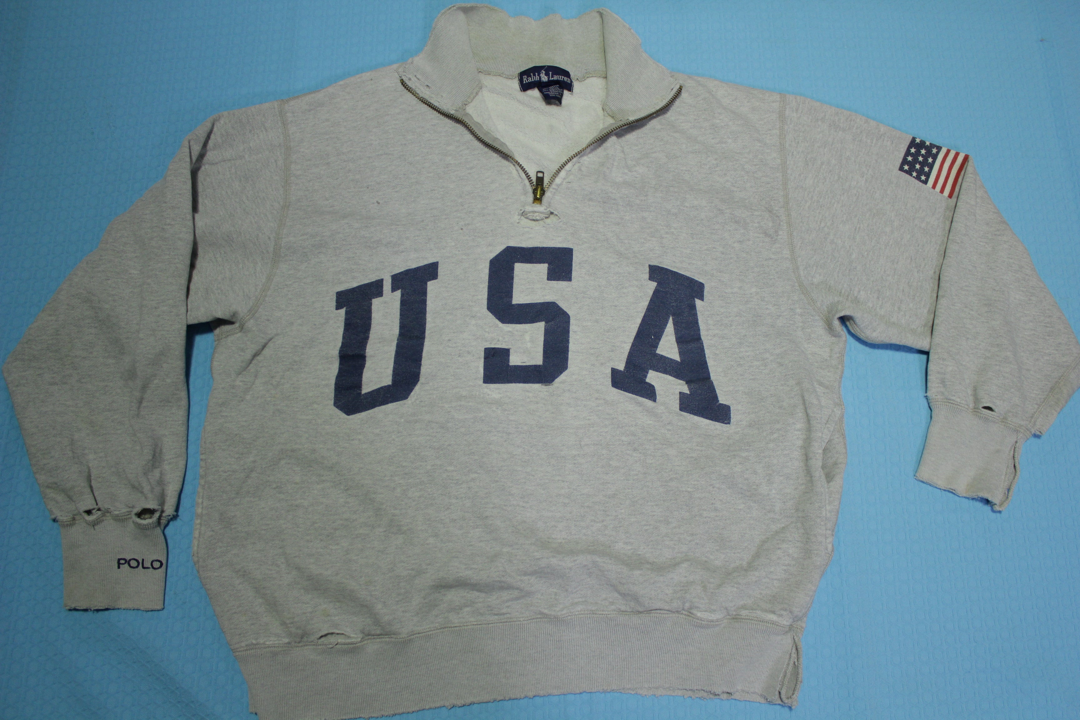 Ralph Lauren Distressed USA Flag Quarter Zip Henley Pullover Vintage 90's Sweatshirt