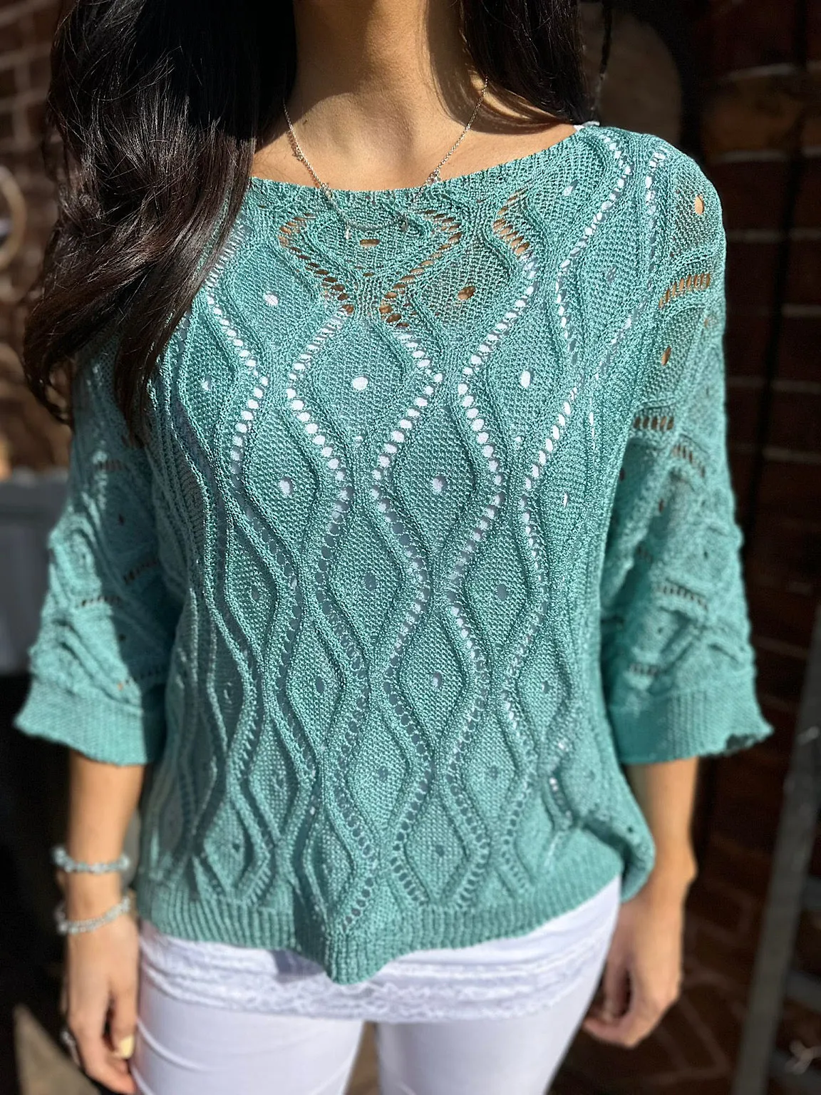 Sage Crochet Patterned Batwing Knit Dolly