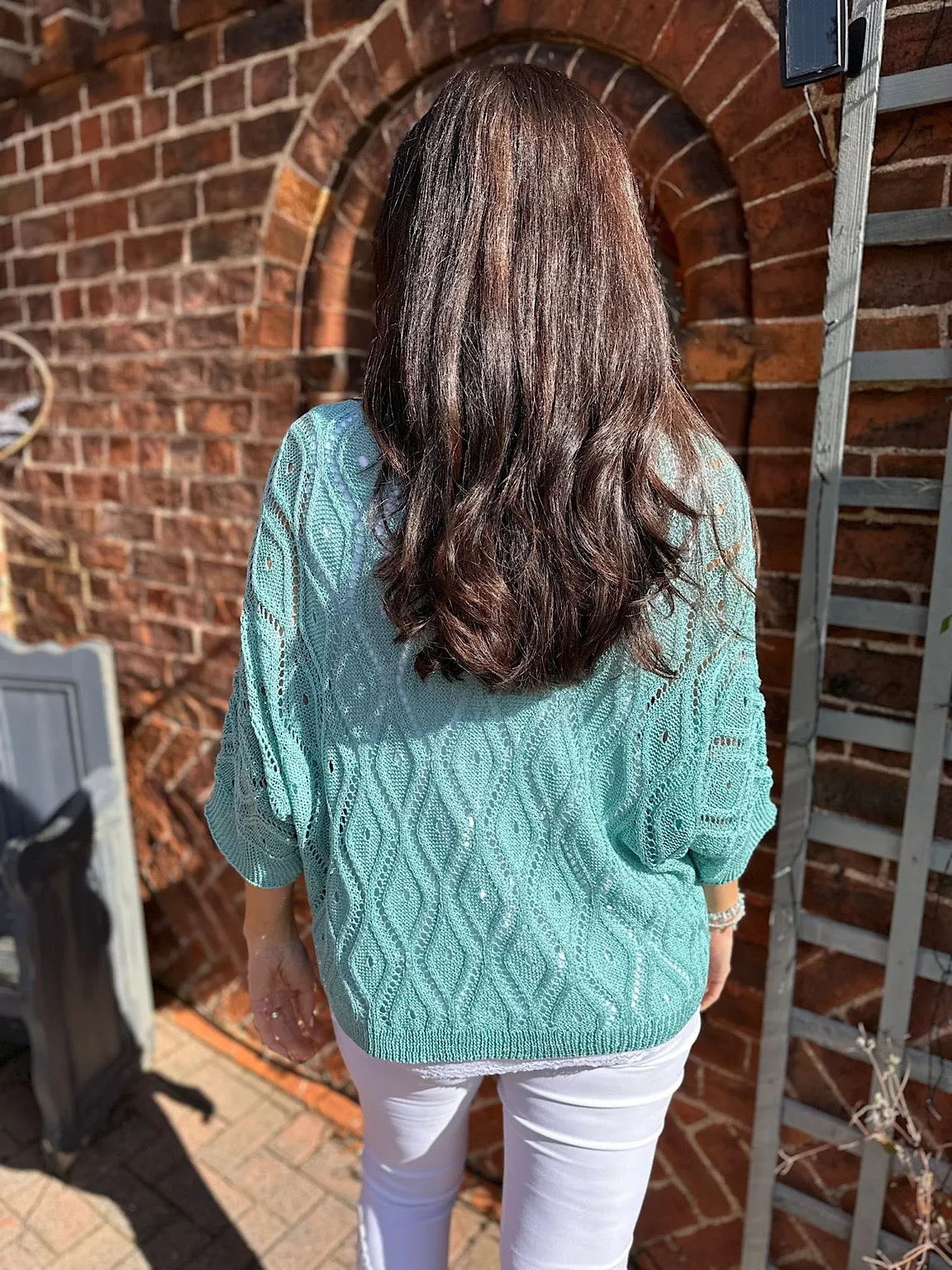 Sage Crochet Patterned Batwing Knit Dolly