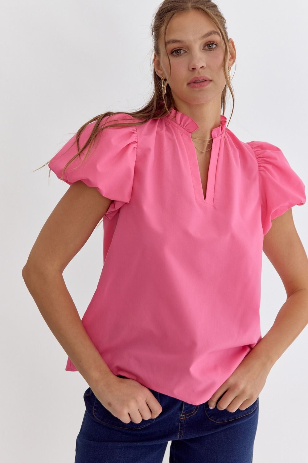 Solid V-Neck Puff Sleeve Blouse - Pink