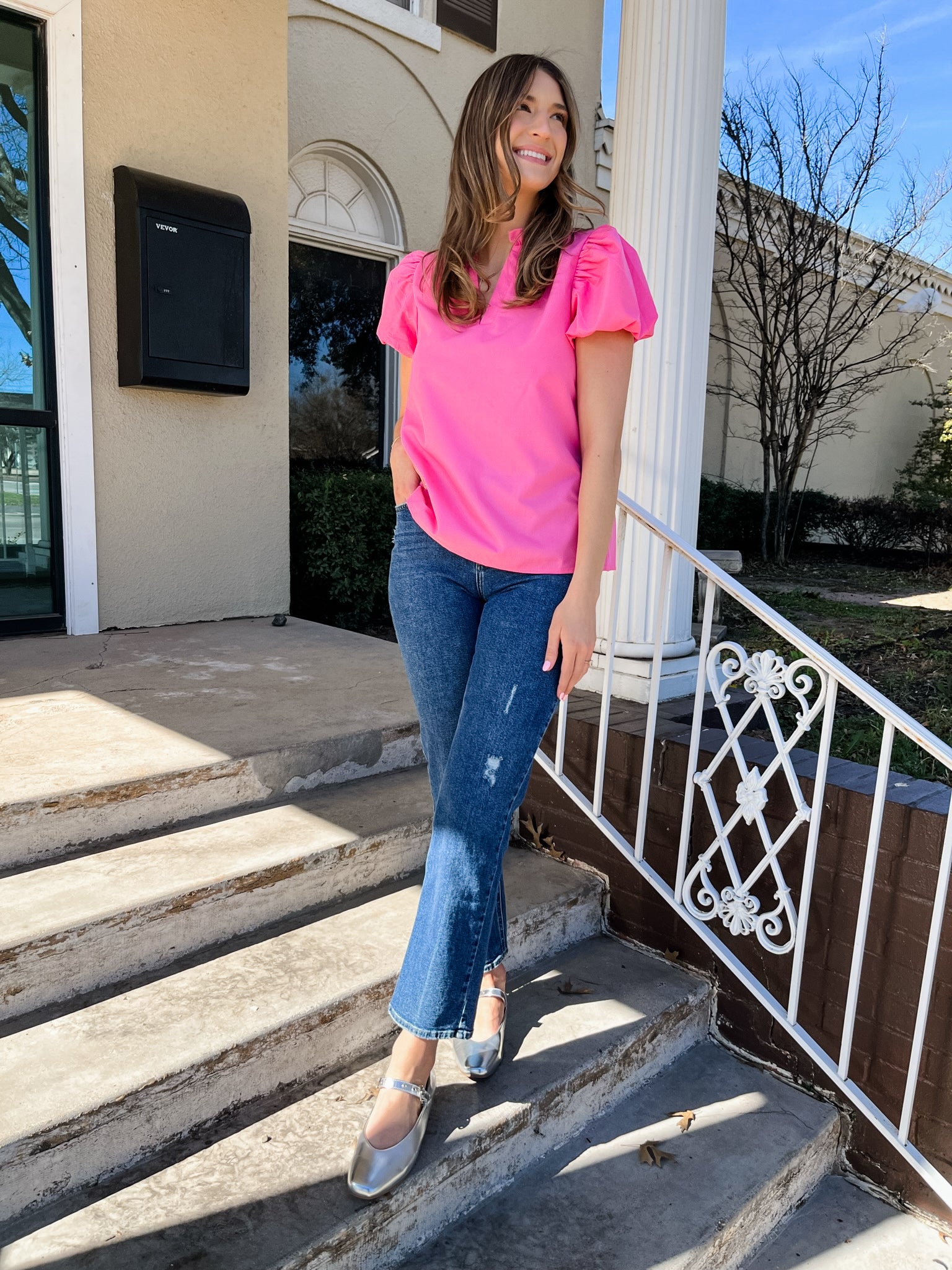 Solid V-Neck Puff Sleeve Blouse - Pink