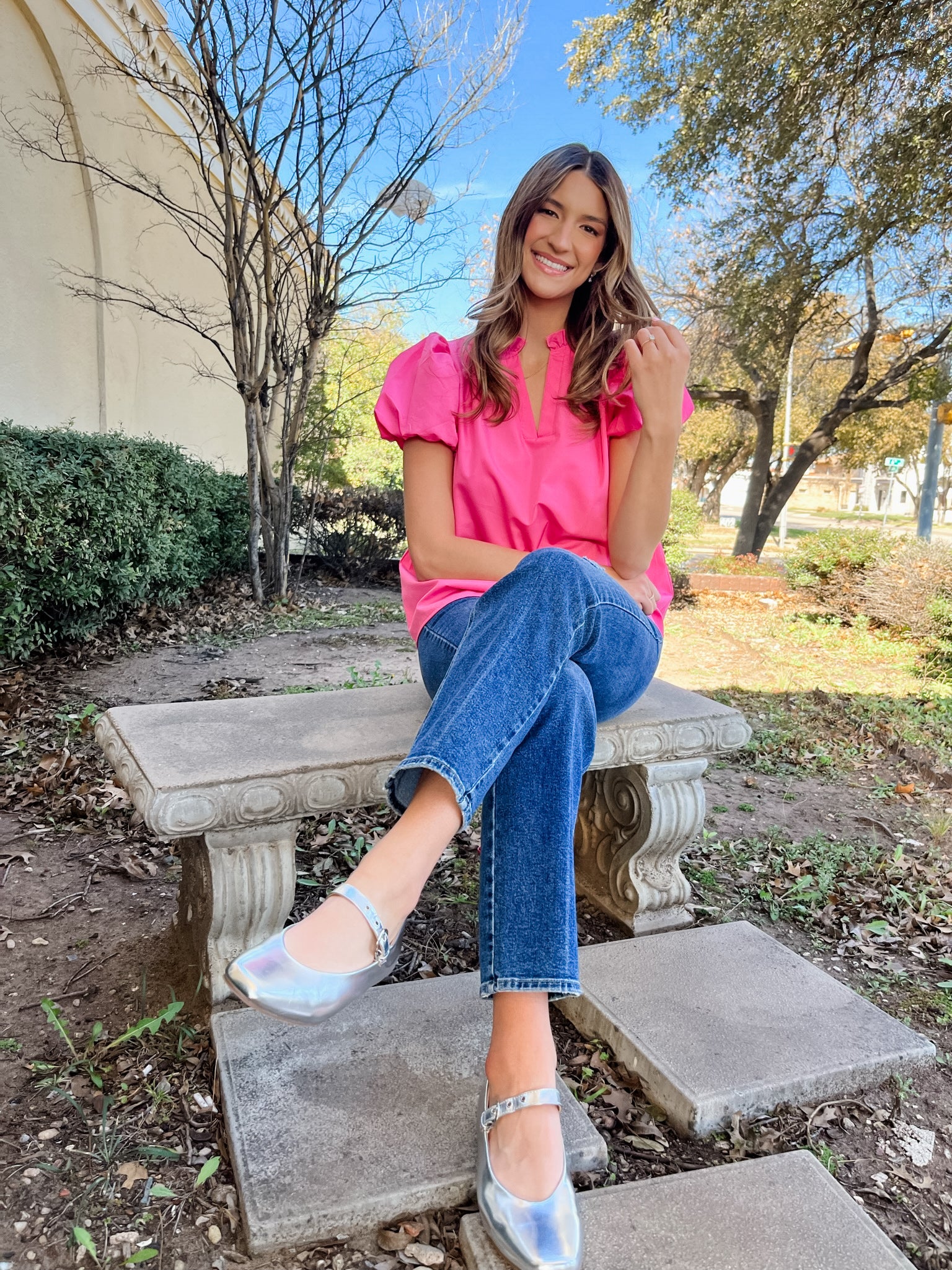 Solid V-Neck Puff Sleeve Blouse - Pink