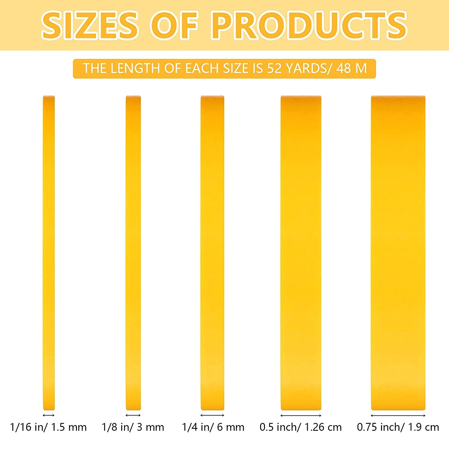 Spring 5 Rolls Pinstripe Tape 1/16, 1/8, 1/4, 1/2 and 3/4 Inch X (Yellow)