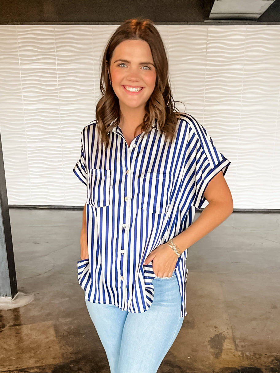 Striped Button Up Blouse - Navy