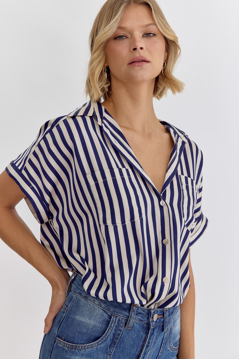 Striped Button Up Blouse - Navy