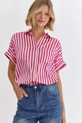 Striped Button Up Blouse - Pink